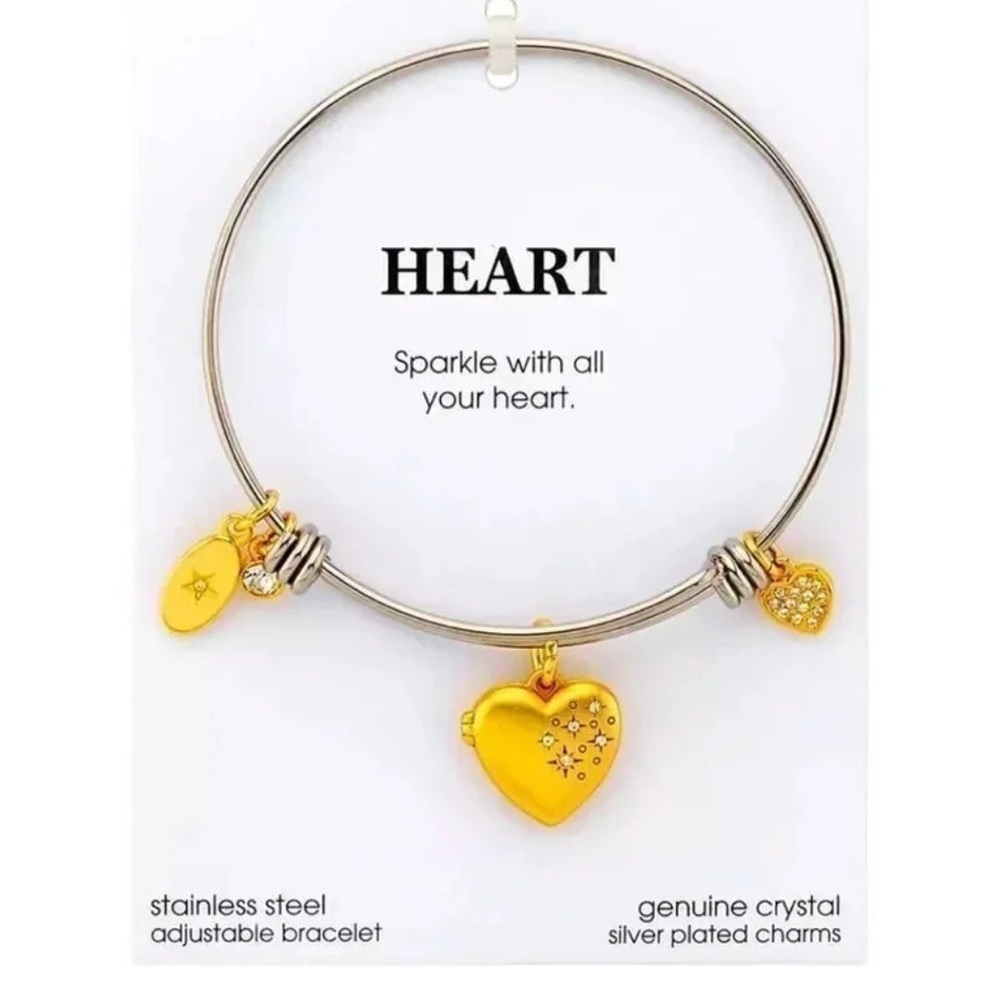 Heart Locket Gold Stainless Steel Waterproof Satin Adjustable Bangle Bracelet
